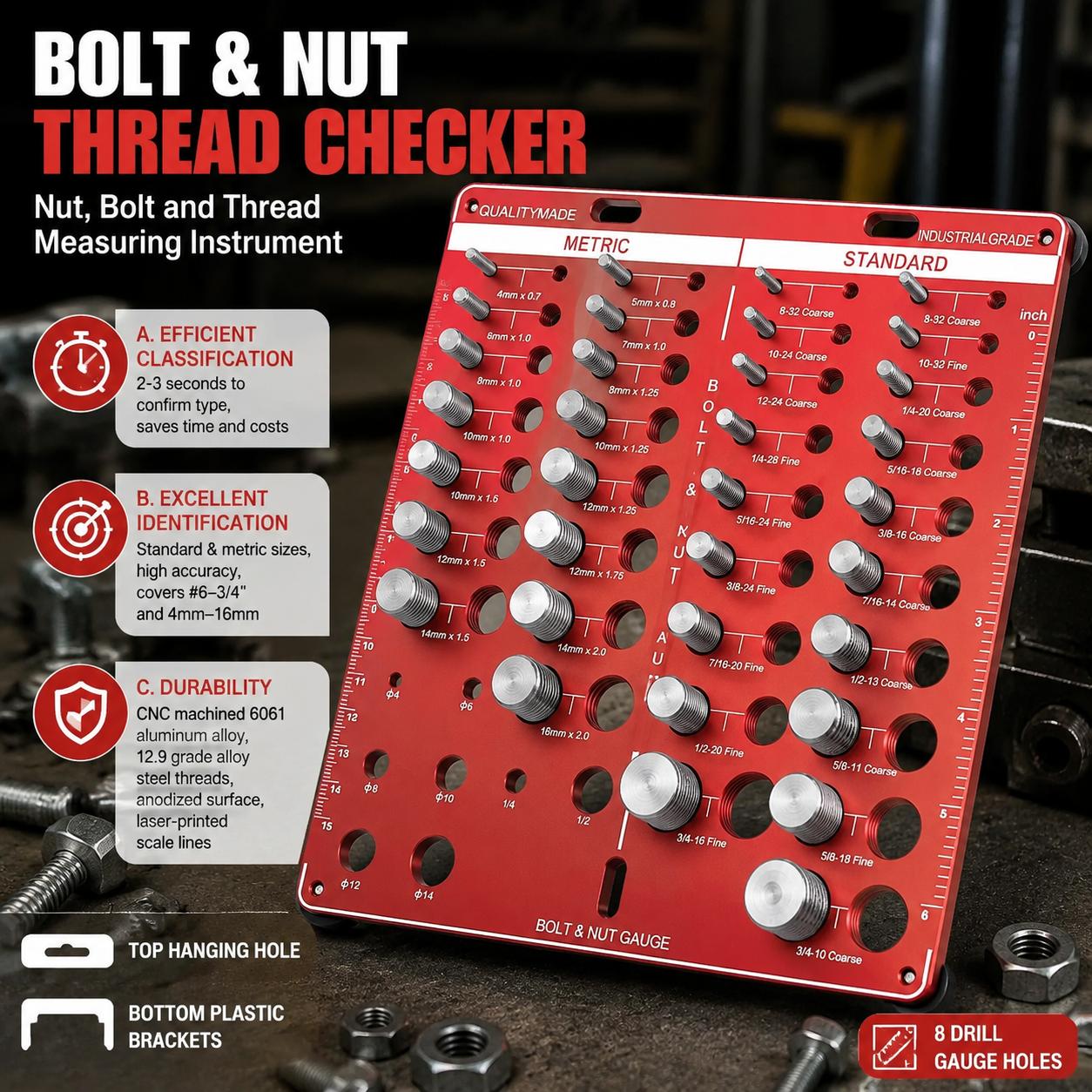 Tools For Woodworking Workshop - ナットとボルトのねじ径ゲージセット（標準およびメートルねじ用）19種類の標準サイズ、15種類のメートルサイズ、インチ雄ねじ・雌ねじ識別用測定ゲージツール、ガレージ、作業場、ホームセンター、ハードウェア、ファスナー用